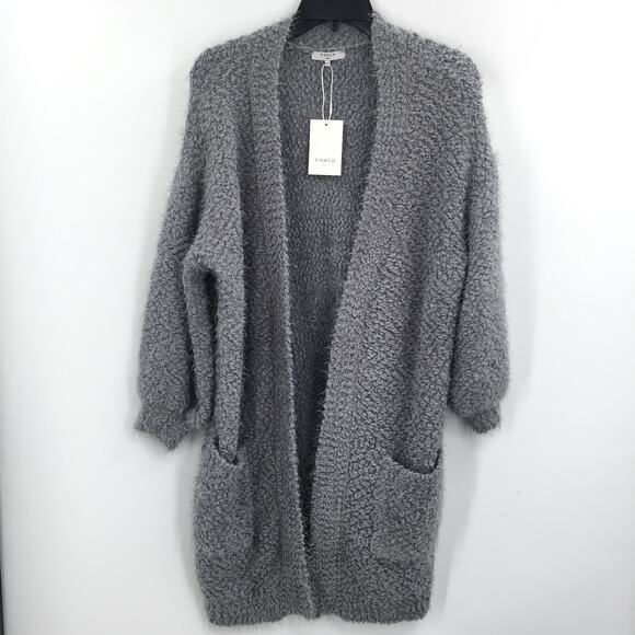 FRNCH Cardigan Sweater Open Front 3/4 Sleeve Two Pockets Solid Grey Small Medium - Picture 2 of 7